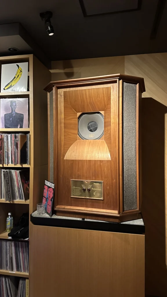 木製の大型スピーカーとレコード棚